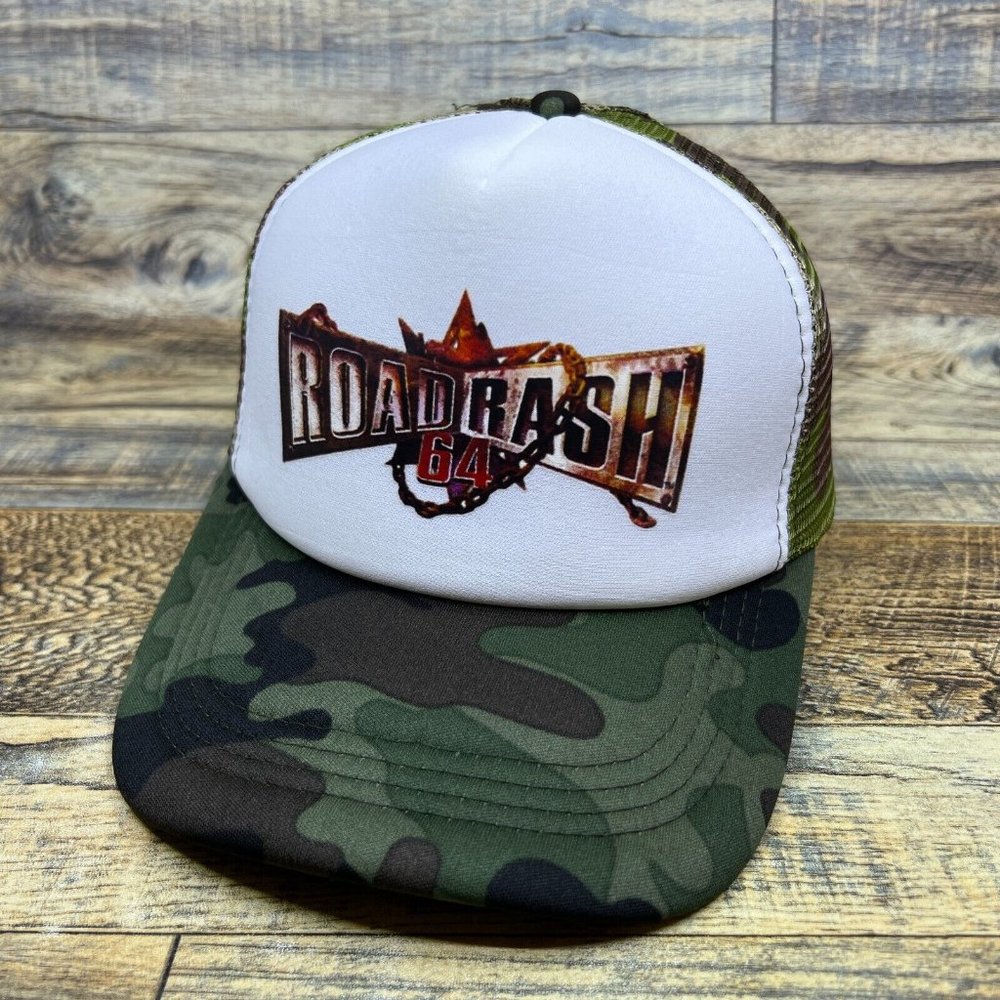 Road Rash 64 Mens Trucker Hat Camo Snapback Motorcycle 90s Video Game Retro Cap